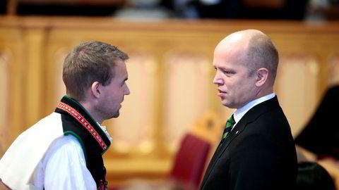 KrFs Kjell Ingolf Ropstad og Sp-leder Trygve Slagsvold Vedum under åpningen av Stortinget 2018.