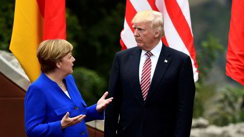 Merkel tar feil fordi Europa ikke kan gjøre noe med Trump, uansett hva hans politikk og verdier innebærer, sier forfatteren. Her er Forbundskansler Angela Merkel i samtale med USAs president Donald Trump på G7-møtet i mai.