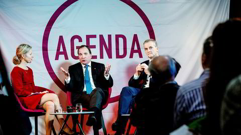 Tirsdag møtte Ap-leder Jonas Gahr Støre (til høyre) Sveriges statsminister Stefan Löfven til frokostmøte i regi av Tankesmien Agenda. Her er de sammen med Agendas Marte Gerhardsen.