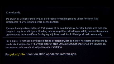 Dette var meldingen på TV-skjermene til Get-kundene 1. juni. Nå er det blitt enighet om en midlertidig avtale