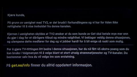 Dette var meldingen på TV-skjermene til Get-kundene 1. juni. Nå er det blitt enighet om en midlertidig avtale