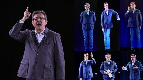 Venstrekandidaten Jean-Luc Mélenchon bruker nyeste teknologi for å nå ut til velgerne. Her fra et valgmøte i Dijon øst i Frankrike denne uken. Hologrammer ble samtidig kringkastet (fra øverst til venstre) i Nantes, Le Port på den franske øyen Reunion i Det indiske hav, Cournon-d'Auvergne, Grenoble, Montpellier og Nancy.