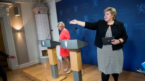 Arkivbilde. Statsminister Erna Solberg og finansminister Siv Jensen holder pressekonferanse.