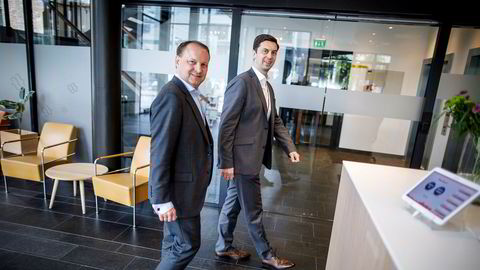 Erik Bjordal (til venstre) i Frende Forsikring går sammen med Norgesgruppen om å markedsføre skade- og livsforsikring til kundene. Her med Sverre Lexow i nystartede Trumf Forsikring.