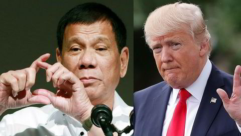 Filipinenes president Rodrigo Duterte (t.v) sier han er usikker på om han har tid til å takke ja til invitasjonen fra USAs president Donald Trump.