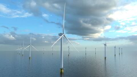 Illustrasjon av Equinors Empire Wind-prosjekt, der byggingen nå er stoppet på ordre fra Trump-administrasjonen, og der titall milliarder kroner står på spill.