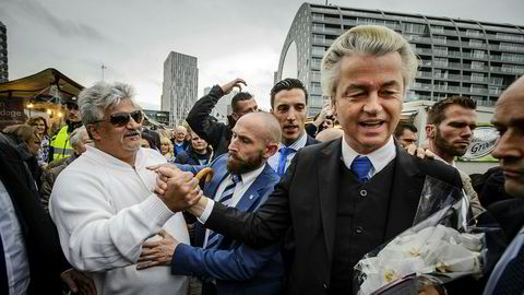 Geert Wilders har startet valgkampen med løfter om å forby islam. Her fra et valgmøte i Rotterdam denne uken.