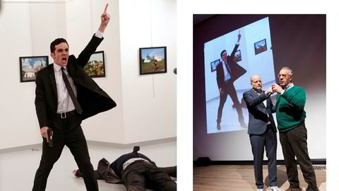 Bildet av drapet på den russiske ambassadøren til Tyrkia (Bildet til venstre) er blitt kåret til verdens beste bilde i 2016. Fotografen bak bildet, Burhan Ozbilici (t.h) blir intervjuet av direktøren for World Press Photo Lars Boering i forbindelse med offentliggjøringen mandag.