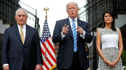 Tidligere utenriksminister Rex Tillerson (til venstre) og tidligere FN-ambassadør Nikki Haley er i åpen ordkrig om hva som skjedde da de jobbet for president Donald Trump.