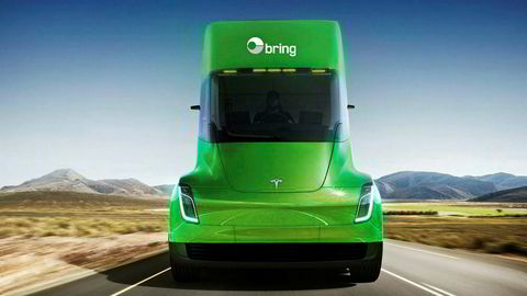 Slik mener Posten den vil se ut, lastebilen som skal produseres av Tesla og leveres til Posten i 2019.