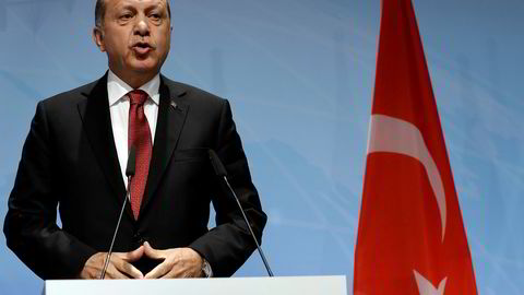 Tyrkias president Recep Tayyip Erdogan under en pressekonferanse i Hamburg.