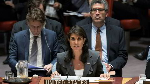USAS FN-ambassadør Nikki Haley taler under et møte om situasjonen mellom Israelere og Palestinere. fredag 1. juni i FNs hovedkvarter.