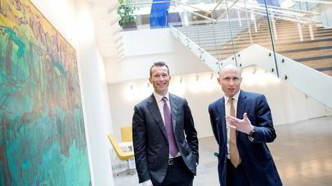 Gaute Ulltveit-Moe (til høyre) blir ny meglersjef innen aksjer hos Nordea i Oslo. Han og Thorodd Bakken, leder for finansiell rådgivning i konsernet, må ta igjen forspranget til DNB Markets i Norge.