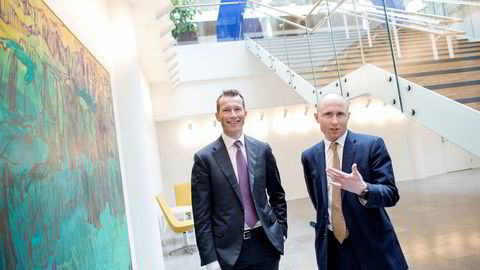 Gaute Ulltveit-Moe (til høyre) blir ny meglersjef innen aksjer hos Nordea i Oslo. Han og Thorodd Bakken, leder for finansiell rådgivning i konsernet, må ta igjen forspranget til DNB Markets i Norge.