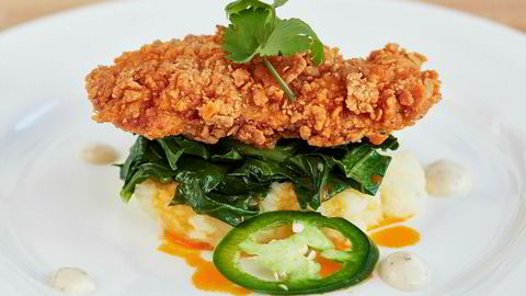 Kjøttfri kylling. Retten Southern fried chicken laget på laboratoriekylling fra Memphis Meats. I 2021 kan labkylling bli like billig som vanlig kylling.