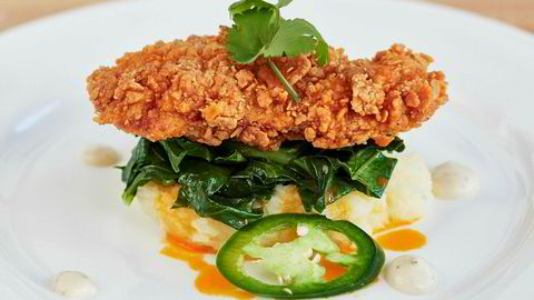 Kjøttfri kylling. Retten Southern fried chicken laget på laboratoriekylling fra Memphis Meats. I 2021 kan labkylling bli like billig som vanlig kylling.