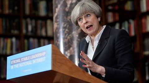 Storbritannias statsminister Theresa May under et valgkamparrangement i Royal United Services Institute (RUSI) i London mandag.