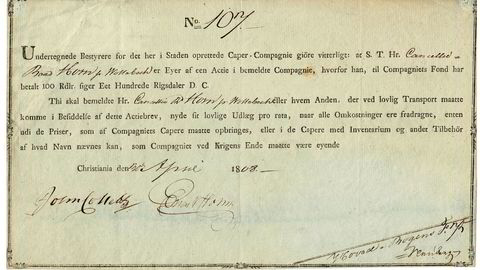 Dette aksjebrevet i Caper-Compagnie fra 1808 ble lørdag solgt for 73.600 kroner. Det er ny rekord for et gammelt, og i utgangspunktet forlengst verdiløst, aksjebrev.