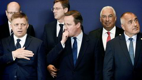 28. juni 2016: David Cameron traff kolleger på sin siste EU-samling med statsminister-kolleger noen uker før han formelt gikk av. Bakerst fra venstre: Bohuslav Sobotka (Tsjekkia), Miro Cerar (Slovenia), Antonio Costa (Portugal), Robert Fico (Slovakia) Cameron og Boyko Borisov (Bulgaria).