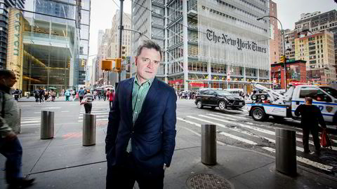 Aftenpostens sjefredaktør Espen Egil Hansen er i New York for å delta på mediekonferansen, INMA World Congress. Her utenfor The New York Times' lokaler på Manhattan.