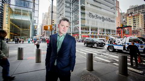 Aftenpostens sjefredaktør Espen Egil Hansen er i New York for å delta på mediekonferansen, INMA World Congress. Her utenfor The New York Times' lokaler på Manhattan.