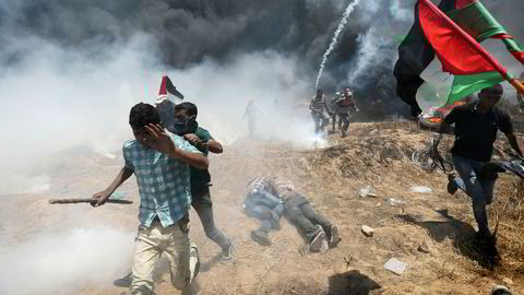 Palestinere protesterte mandag mot ambassadeflyttingen og israelsk okkupasjon, her sør i Gaza nær grensen til Israel. Bare i Gaza ble minst 37 palestinere drept mandag i sammenstøt med israelske soldater.