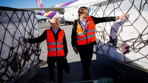 Gaute Skallerud Riise (fra høyre) er leder for trafikkutvikling i Avinor og studerer en last med fersk laks som skal lastes til Bangkok. Han og kollega Joachim Westher Andersen prøver å få flere flyselskaper til å lande i Norge.