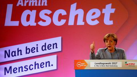 Forbundskansler Angela Merkel taler på et valgmøte rett før helgen.