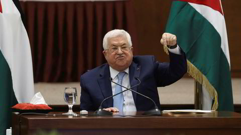 Palestinian president Mahmoud Abbas heads a leadership meeting at his headquarters, in the West Bank city of Ramallah, Tuesday, May 19, 2020. (Alaa Badarneh/Pool Photo via AP)