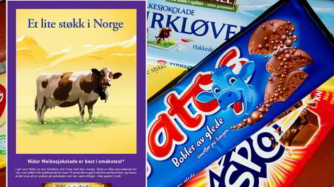 Innfelt bilde viser en annonse fra Nidar. Den forbløffede kuen på bildet var også med i reklamefilmen som Freias selskap Mondelez klaget inn til Konkurranseutvalget. Utvalget har sett nærmere på Orklas reklame for Nidars Melkesjokolade, etter at konkurrenten Mondelez mente de hadde brutt med god forretningsskikk.
