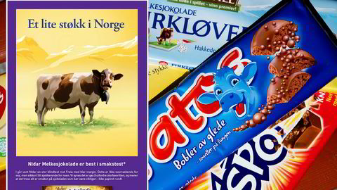 Innfelt bilde viser en annonse fra Nidar. Den forbløffede kuen på bildet var også med i reklamefilmen som Freias selskap Mondelez klaget inn til Konkurranseutvalget. Utvalget har sett nærmere på Orklas reklame for Nidars Melkesjokolade, etter at konkurrenten Mondelez mente de hadde brutt med god forretningsskikk.