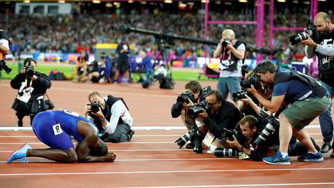Den dopingdømte sprinteren Justin Gatlin under friidretts-VM i London 5. august, etter å ha vunnet 100-meterfinalen.