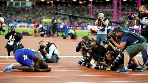 Den dopingdømte sprinteren Justin Gatlin under friidretts-VM i London 5. august, etter å ha vunnet 100-meterfinalen.