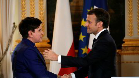 Frankrikes president Emmanuel Macron og Polens statsminister Beata Szydlo etter et møte i Paris torsdag.