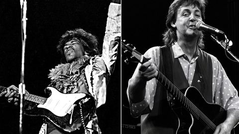 Overdose hyllest? Norske musikere skal prøve å hylle Jimi Hendrix (til venstre) på Norwegian Wood. Her er han på Monterey-festivalen for 50 år siden, en festival som også hylles i USA denne helgen. Paul McCartney fyller 75 søndag og feires av norske kjendiser på Rockefeller. Her i 1989, året han utga albumet «Flowers in the dirt», som er utvidet og nyutgitt nå. Foto: Rob Verhorst/Redferns/Getty Images & Michael Ochs Archives/Getty Images