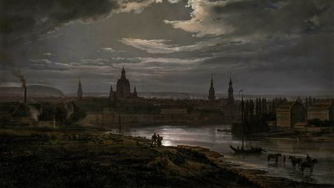 Måneskinn. Et av de viktigste måneskinnsbildene på utstillingen er «Dresden i måneskinn» fra 1843.
