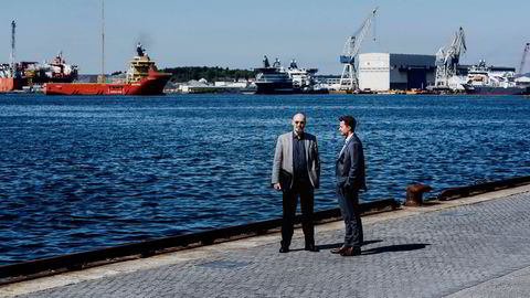 Daglig leder Jostein Aleksandersen (til venstre) i Neodrill har fått retten med på en midlertidig forføyning etter strid med Statoil om Cap-X-teknologien. Her sammen sin advokat Kyrre Tangen Andersen.