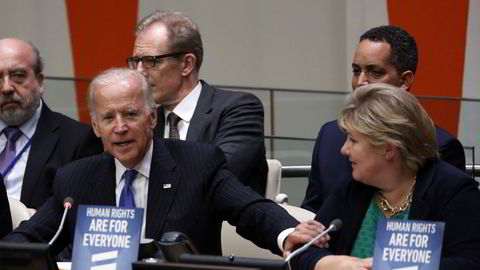 Joe Biden har varslet at USA igjen vil engasjere seg og ta ledelsen internasjonalt. Her som visepresident med statsminister Erna Solberg i FNs generalforsamling i 2016.