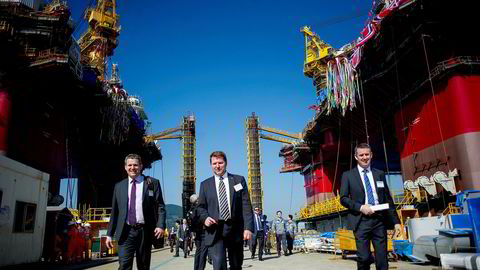 Statoils riggtopper stilte tungt opp under dåpen av Songariggene høsten 2014. Fra venstre: Tore Aarreberg, Geir Tungesvik og Dag Johnsgaard fra Statoil.