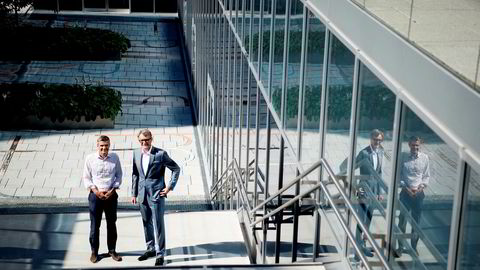 It-gründer John Markus Lervik (til venstre) har startet selskapet Cognite og får Kjell Inge Røkke-kontrollerte Aker som hovedeier. Akers konsernsjef Øyvind Eriksen (til høyre) tror det nye selskapet vil tjene penger på å digitalisere oljebransjen. Her fra Akers hovedkontor på Fornebu i Bærum.