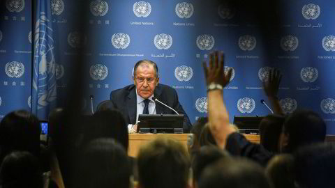 Russlands utenriksminister Sergej Lavrov på pressekonferanse i FN i New York.