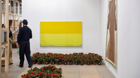 Begeistring. Det norske galleriet Standard (Oslo) begeistret publikum under Art Basel. Midt i bildet: Julia Rommel, «Do-si-do», 2024. På høyre vegg: Isabella Ducrot, «Brown Dress II», 2024. På gulvet: Nina Beier, «Field», 2024.